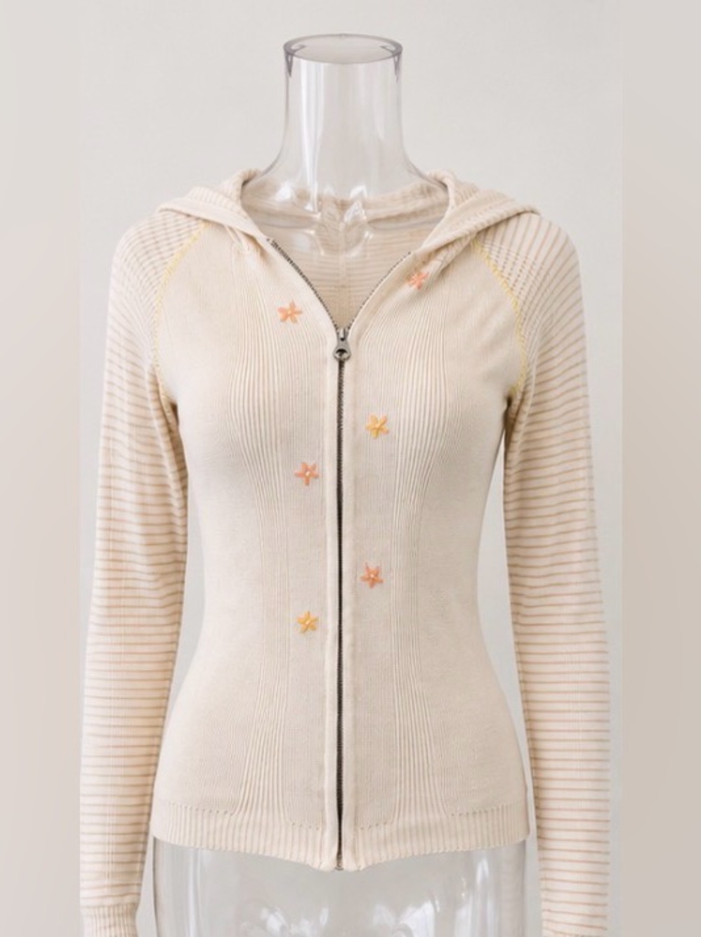 [Cousin Johnny] Cream Ribbed Silk Blend Zip Hoodie w/ Floral Embroidery Sz XS